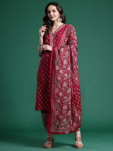 Women's Burgundy Printed Straight Kurta Salwar With Dupatta Set