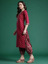 Women's Burgundy Printed Straight Kurta Salwar With Dupatta Set