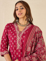 Women's Burgundy Printed Straight Kurta Salwar With Dupatta Set