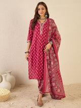Women's Burgundy Printed Straight Kurta Salwar With Dupatta Set