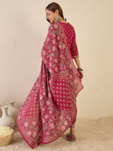 Women's Burgundy Printed Straight Kurta Salwar With Dupatta Set