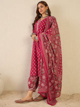 Women's Burgundy Printed Straight Kurta Salwar With Dupatta Set