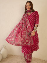 Women's Burgundy Printed Straight Kurta Salwar With Dupatta Set