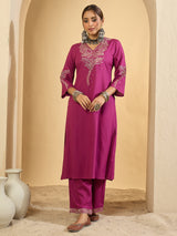 Women's Burgundy Embroidered Straight Kurta Trouser Set