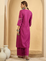 Women's Burgundy Embroidered Straight Kurta Trouser Set