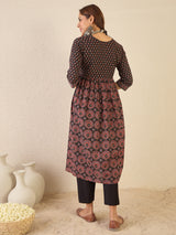 Women's Black Casual Printed V-Neck Three Quarter Sleeves Kurta
