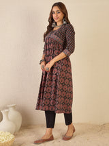 Women's Black Casual Printed V-Neck Three Quarter Sleeves Kurta
