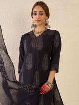 Women's Black Printed Straight Kurta Trousers With Dupatta Set