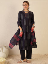 Women's Black Printed Straight Kurta Trousers With Dupatta Set