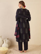 Women's Black Printed Straight Kurta Trousers With Dupatta Set