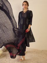 Women's Black Printed Straight Kurta Trousers With Dupatta Set