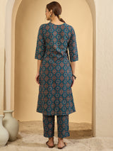 Women's Teal Printed A-Line Kurta Trousers Set