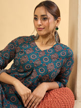 Women's Teal Printed A-Line Kurta Trousers Set