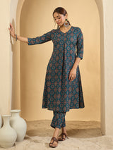 Women's Teal Printed A-Line Kurta Trousers Set