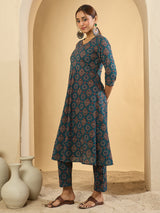 Women's Teal Printed A-Line Kurta Trousers Set