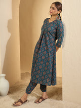 Women's Teal Printed A-Line Kurta Trousers Set