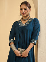 Women's Blue Embroidered A-Line Kurta Trousers Set