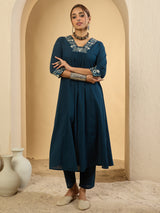 Women's Blue Embroidered A-Line Kurta Trousers Set