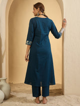 Women's Blue Embroidered A-Line Kurta Trousers Set