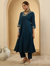 Women's Blue Embroidered A-Line Kurta Trousers Set