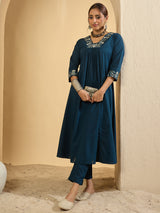 Women's Blue Embroidered A-Line Kurta Trousers Set