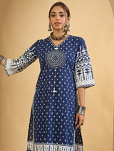 Women's Blue Printed Straight Kurta Trousers With Dupatta Set