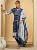 Women's Blue Printed Straight Kurta Trousers With Dupatta Set