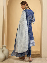 Women's Blue Printed Straight Kurta Trousers With Dupatta Set