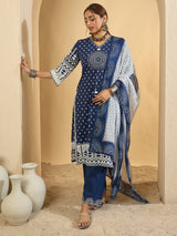 Women's Blue Printed Straight Kurta Trousers With Dupatta Set