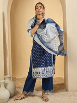 Women's Blue Printed Straight Kurta Trousers With Dupatta Set