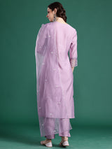 Women's Lavender Embroidered Straight Kurta Trouser With Dupatta set