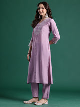 Women's Lavender Embroidered Straight Kurta Trouser With Dupatta set