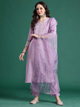 Women's Lavender Embroidered Straight Kurta Trouser With Dupatta set