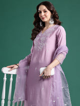 Women's Lavender Embroidered Straight Kurta Trouser With Dupatta set