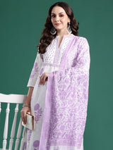 Women's White Printed Straight Kurta Trouser With Dupatta set
