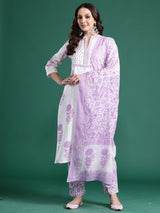 Women's White Printed Straight Kurta Trouser With Dupatta set