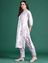 Women's White Printed Straight Kurta Trouser With Dupatta set