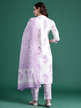 Women's White Printed Straight Kurta Trouser With Dupatta set