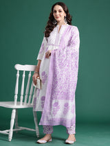 Women's White Printed Straight Kurta Trouser With Dupatta set