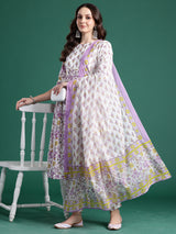 Women's White Printed A-Line Kurta Trouser With Dupatta Set