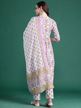 Women's White Printed A-Line Kurta Trouser With Dupatta Set