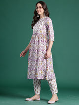 Women's White Printed A-Line Kurta Trouser With Dupatta Set