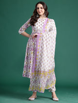 Women's White Printed A-Line Kurta Trouser With Dupatta Set