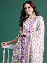 Women's White Printed A-Line Kurta Trouser With Dupatta Set