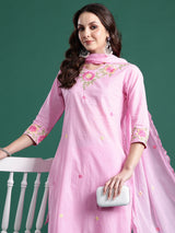 Women's Pink Embroidered Straight Kurta Trouser With Dupatta Set