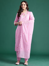 Women's Pink Embroidered Straight Kurta Trouser With Dupatta Set