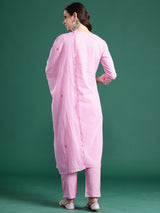 Women's Pink Embroidered Straight Kurta Trouser With Dupatta Set