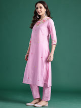 Women's Pink Embroidered Straight Kurta Trouser With Dupatta Set