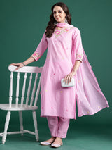 Women's Pink Embroidered Straight Kurta Trouser With Dupatta Set