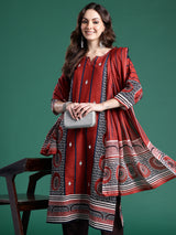 Women's Rust Printed Straight Kurta Trouser With Dupatta Set